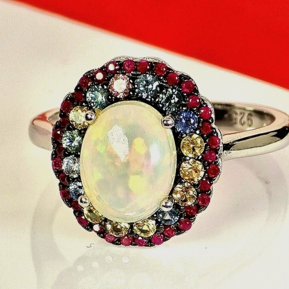 925 Sterling Silver Ring Sz 6.75 with Natural White Opal 10x7mm & Sapphire Gem